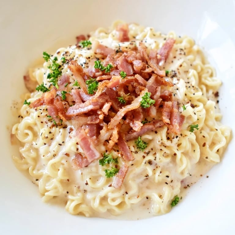 A quick, easy bowl of Ramen Carbonara Hack with a generous sprinkle of fresh parsley and Parmesan cheese.