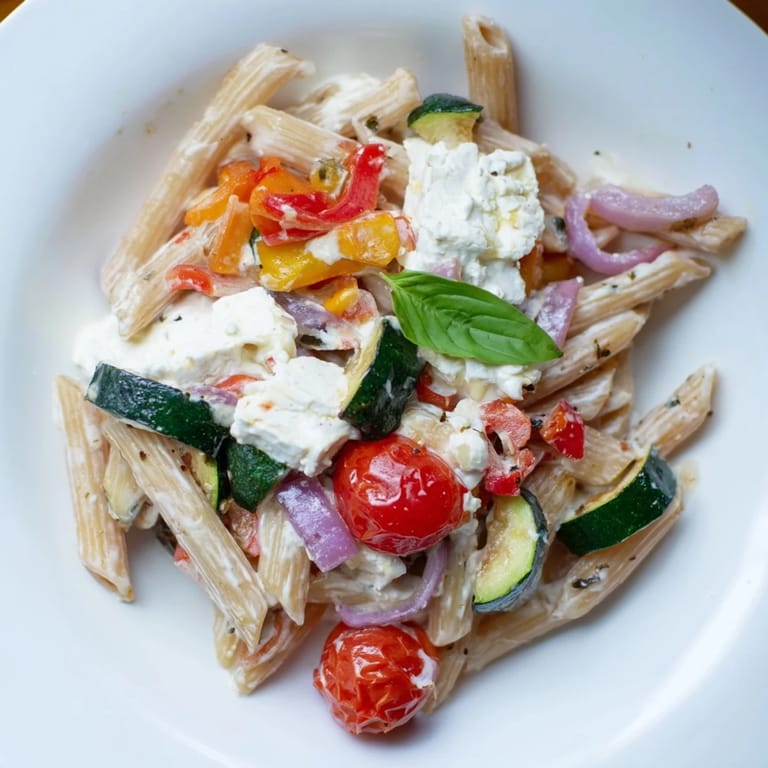 Wholesome whole-grain pasta tossed with a baked feta and roasted vegetable sauce.