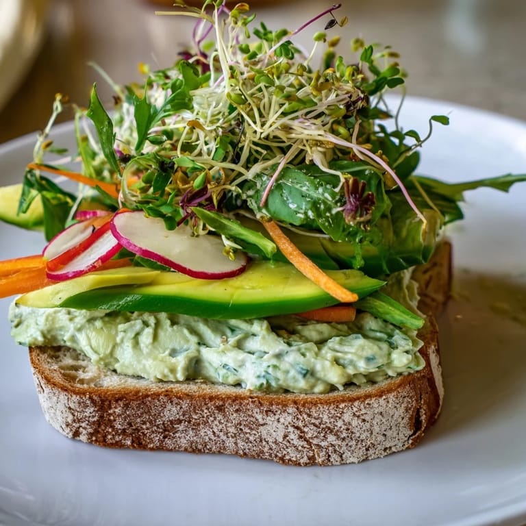 A hearty, delicious Green Goddess Sandwich, perfect for lunch with its creamy spread and fresh toppings.