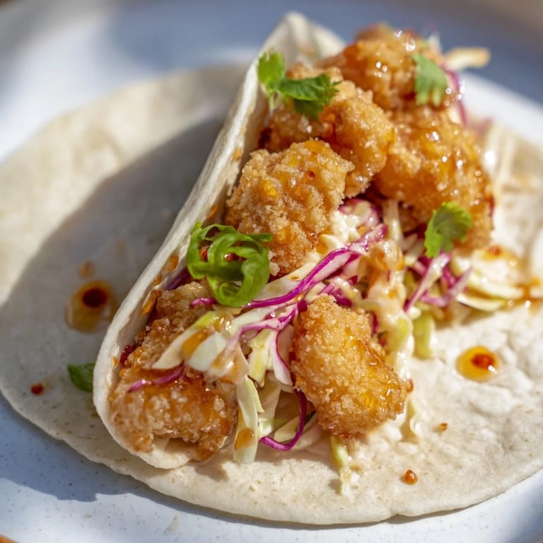 Savory and colorful image of assembled hot honey chicken tacos ready to be devoured, fresh and delicious!