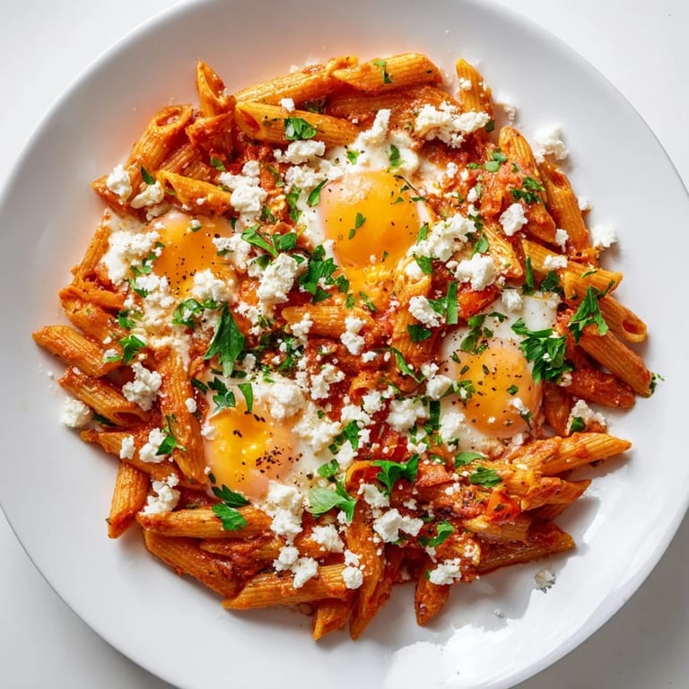 A skillet of delicious Quick Shakshuka Pasta: pasta coated in a vibrant tomato sauce with perfectly poached eggs.
