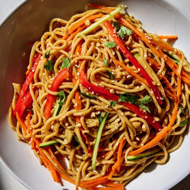Close-up of fresh Garlic Noodle Salad, colorful julienned carrots and bell peppers shine beautifully.
