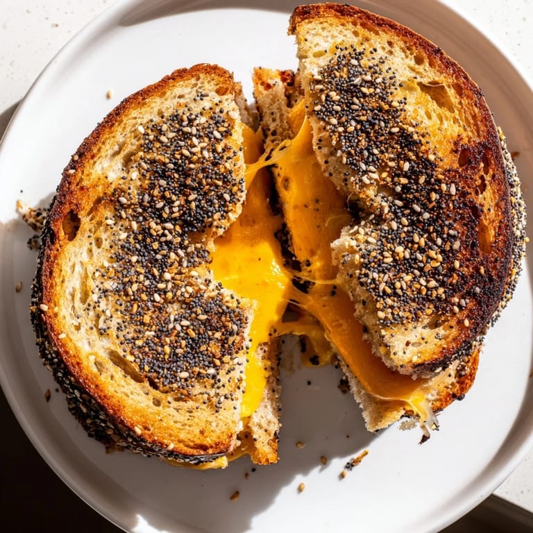 Close-up of golden brown everything bagel grilled cheese oozing melted cheddar, delicious and ready to eat.