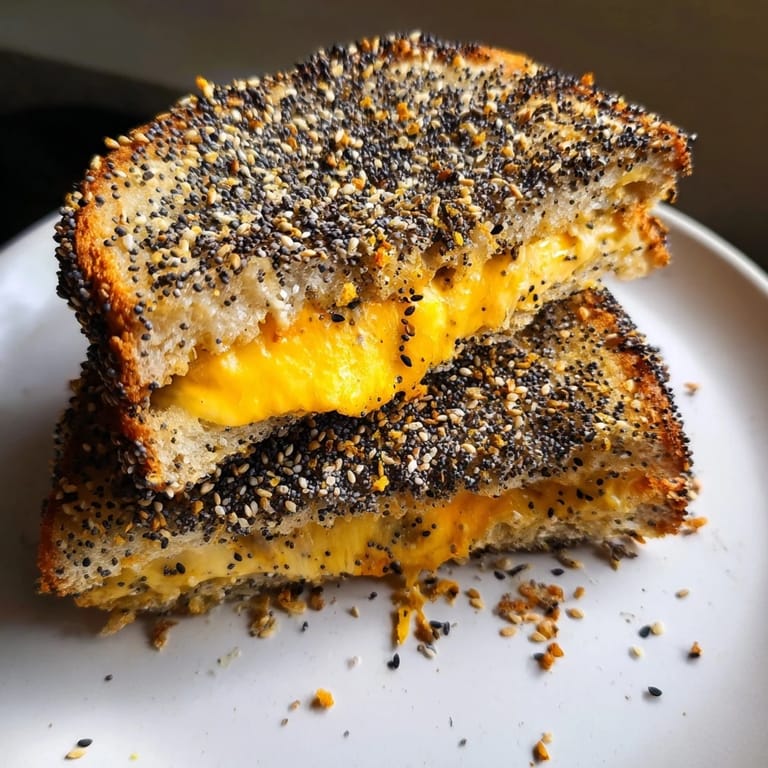 Crispy, seasoned everything bagel grilled cheese sandwich, perfect for a quick, comforting vegetarian meal.