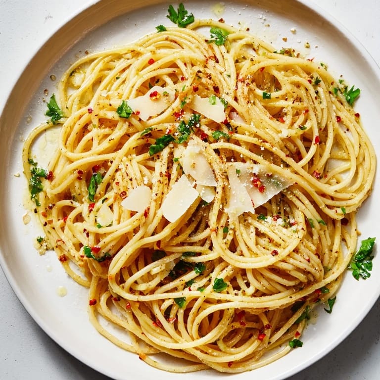Fragrant Aglio e Olio Express Pasta, ready in minutes, tossed with fresh parsley and Parmesan cheese.