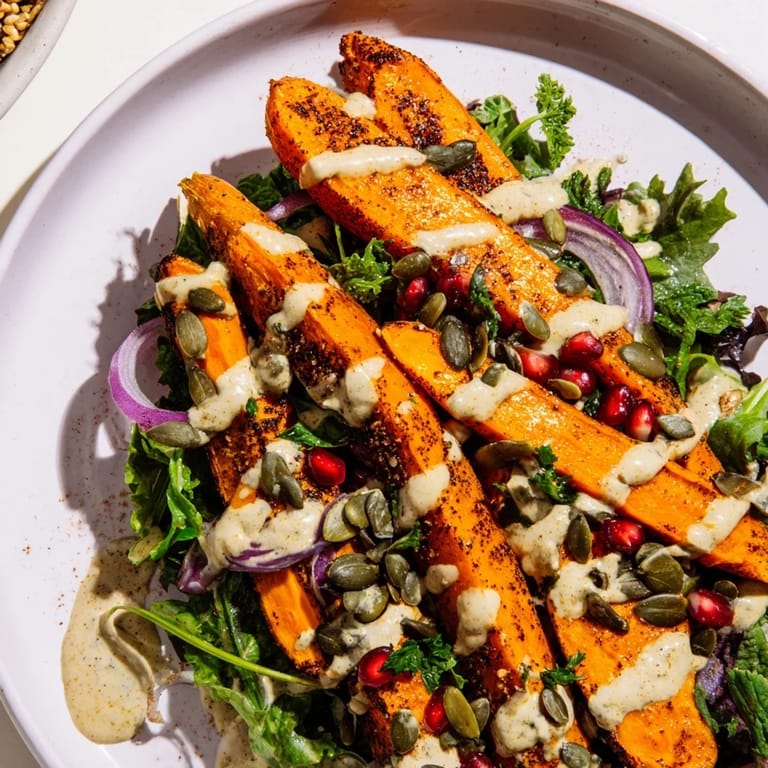 Mediterranean roasted carrot salad featuring tender carrots, pomegranate jewels, and creamy drizzle.