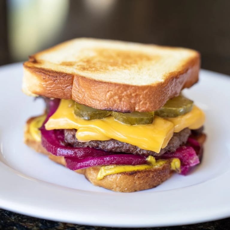 Perfectly grilled Smashed Burger Grilled Cheese, with crispy edges and a juicy beef patty, awaits you.