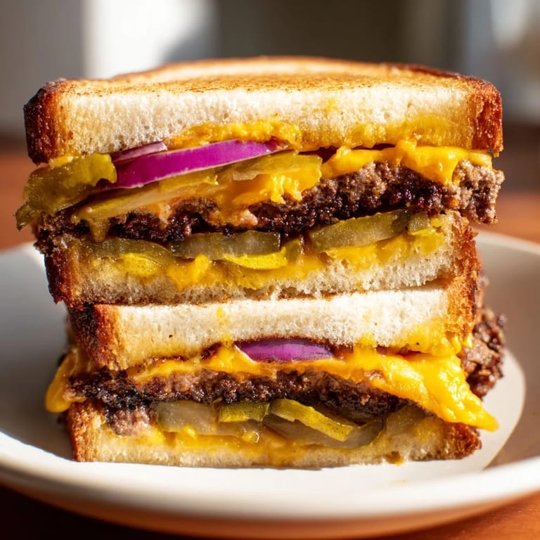 Mouthwatering Smashed Burger Grilled Cheese sandwich, stacked high with savory beef and cheese, is ready.