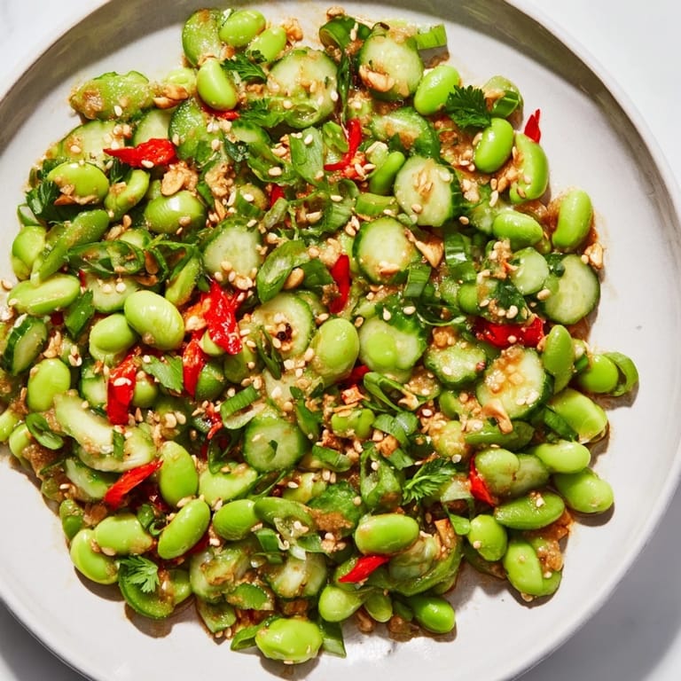 Chilled Edamame Salad, bursting with fresh flavors, garnished with sesame seeds and cilantro.
