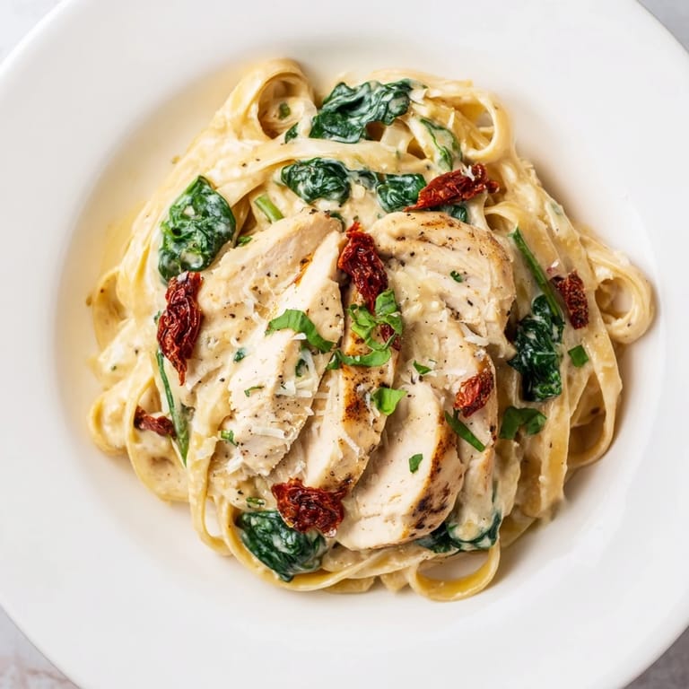 This satisfying plate features Creamy Tuscan Chicken Pasta, a dish with vibrant flavors and fresh herbs.