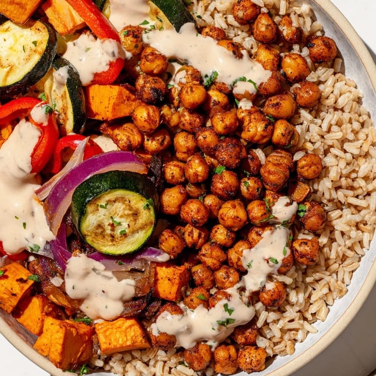 This Roasted Chickpea Buddha Bowl showcases fluffy rice topped with a creamy tahini sauce and fresh herbs.