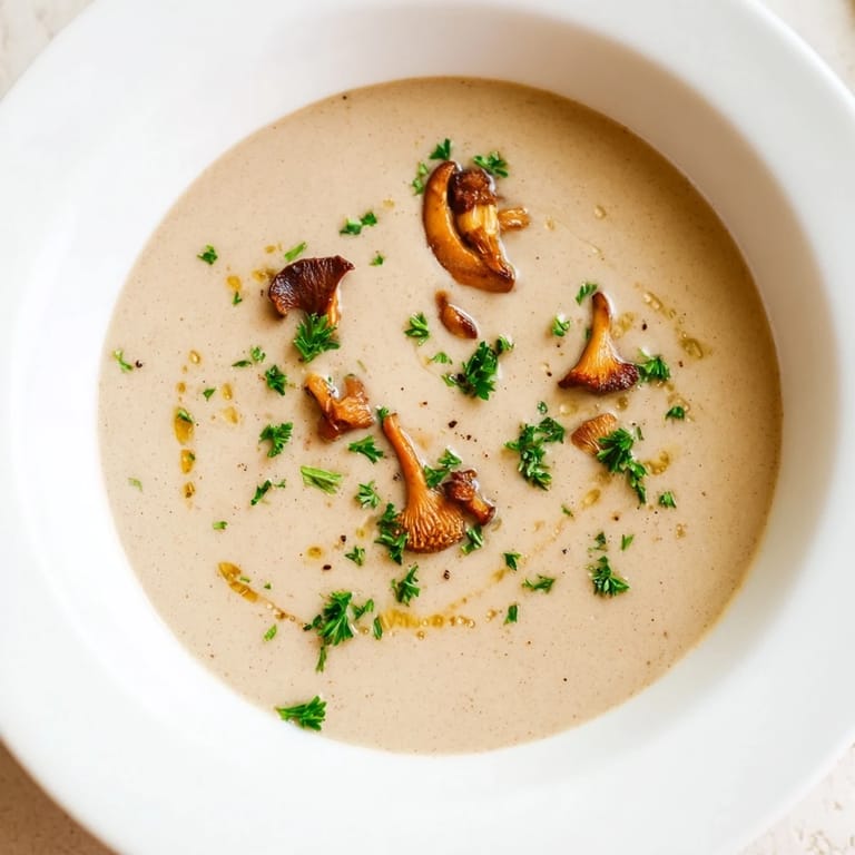 Golden spoonful of flavorful Creamy Mushroom Bisque, with hints of thyme and a wonderfully smooth consistency.