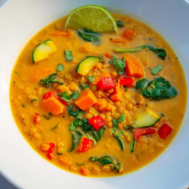 A close-up shot of the vibrant red Lentil Red Curry Soup, showcasing the creamy coconut broth.