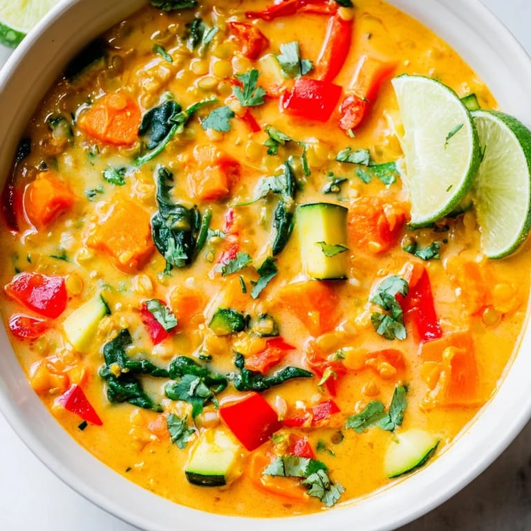 Fragrant Lentil Red Curry Soup, a comforting vegan Thai-inspired recipe, ready to enjoy.