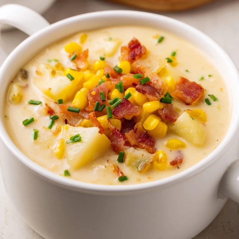 A hearty bowl of Corn Chowder, showcasing chunks of potato, corn kernels, and smoky bacon bits.