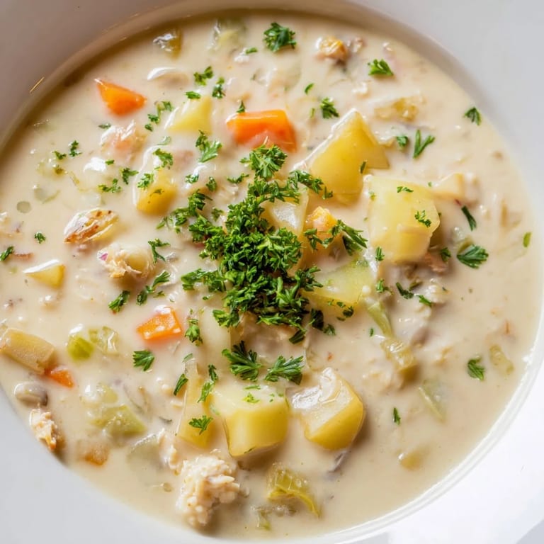 Steaming hot, this New England Clam Chowder features chunky potatoes, bacon, and fresh parsley garnish.