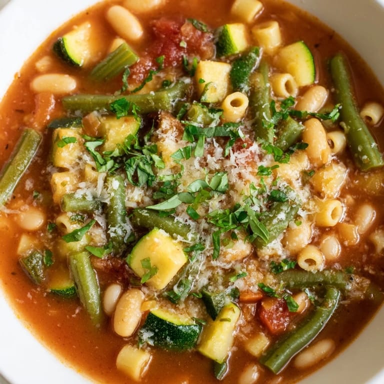 A close-up of the flavorful tomato basil minestrone, ready to be ladled and enjoyed warm.