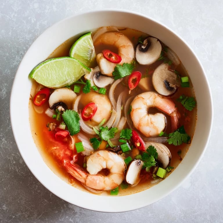 A close-up of Spicy Tom Yum Soup, showcasing plump shrimp and a spicy, sour broth.