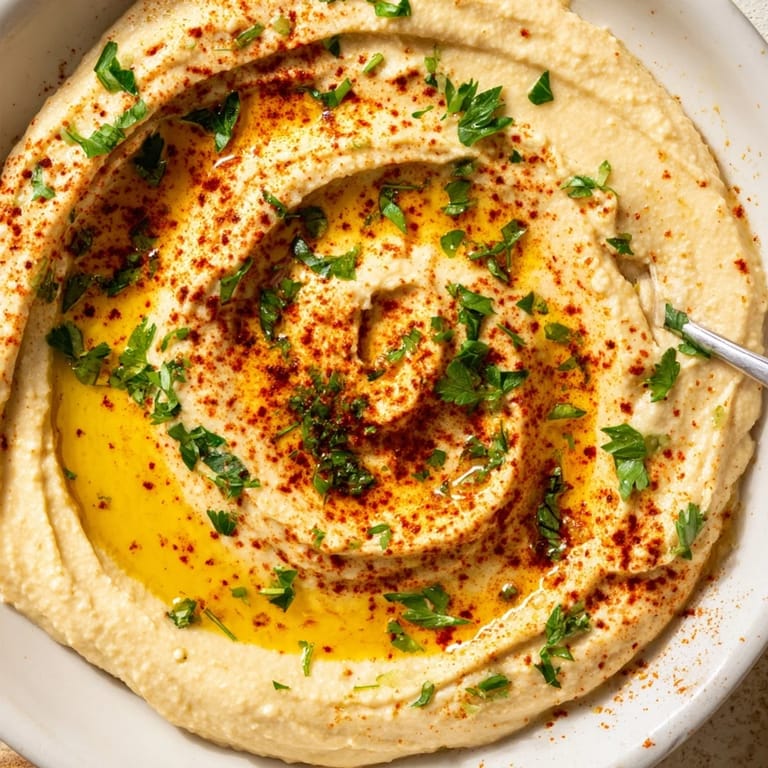 Beautiful, authentic Levantine hummus plate: a flavorful, vegan dip perfect with warm pita bread.