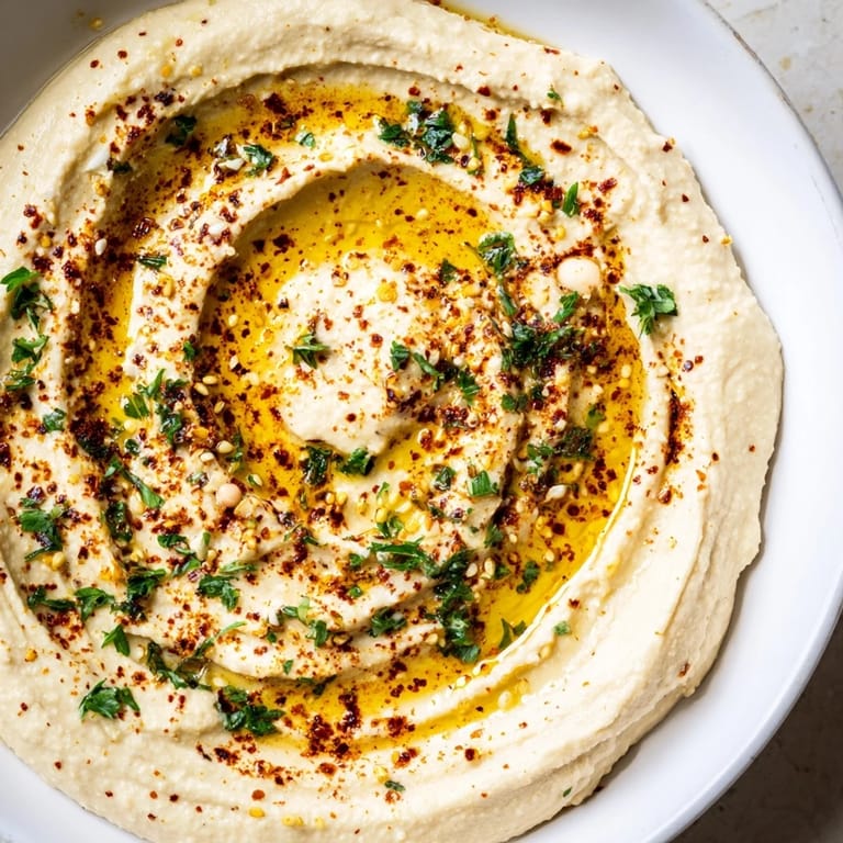 A vibrant close-up of a smooth Levantine hummus plate, garnished with fresh parsley and ready to eat.