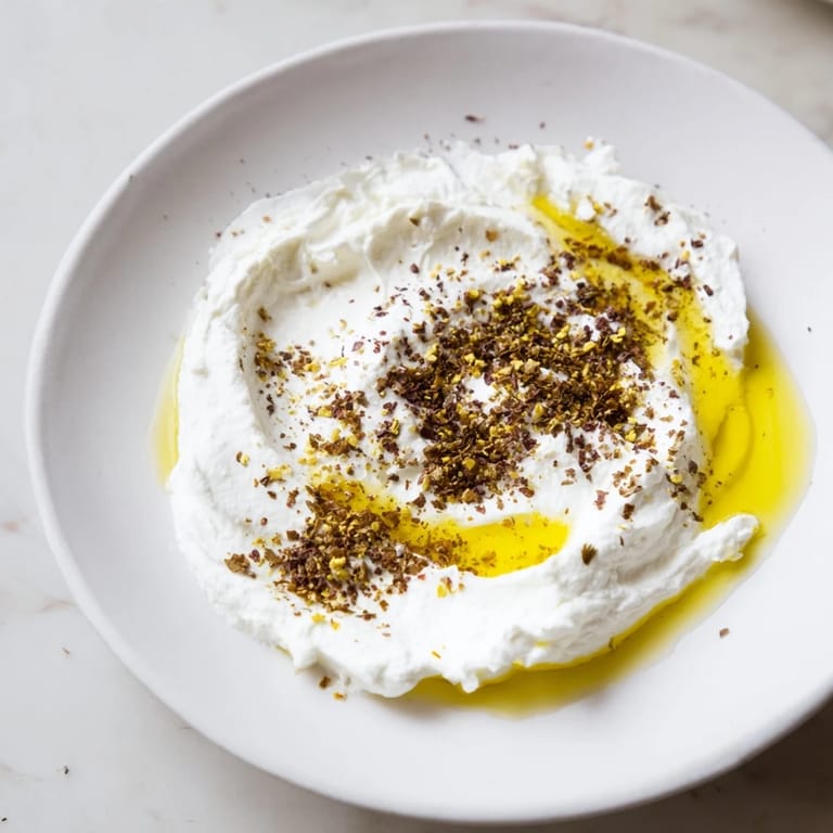 Homemade Levantine labneh, beautifully presented after straining, garnished with dried mint for extra flavor.