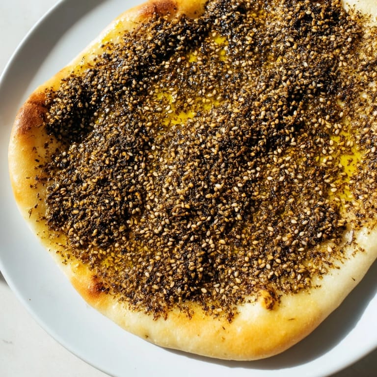 Savory Levantine Zaatar Bread, beautifully golden and ready to enjoy with labneh for a delightful meal.