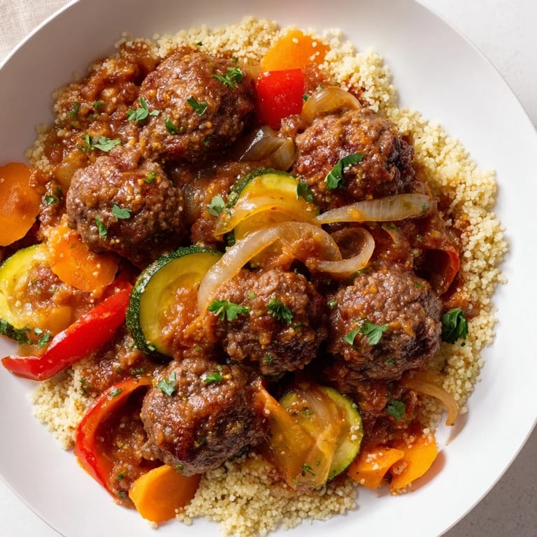 Fragrant North African Couscous Kefta dish, featuring fluffy couscous and tender spiced meatballs.