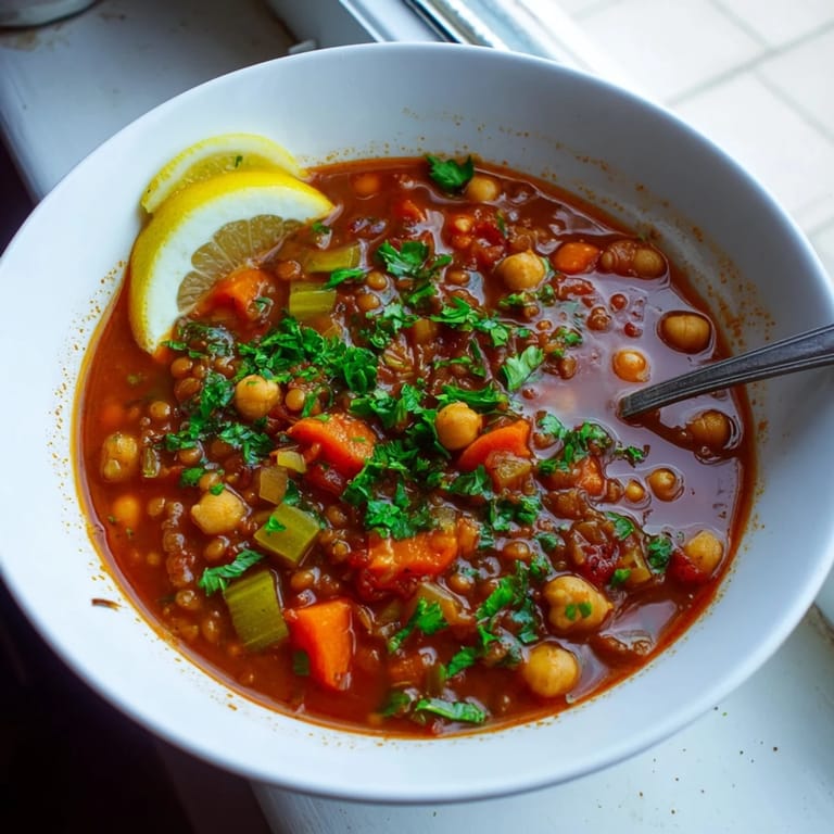 Close up shot: a flavorful, warming bowl of North African Harira Soup, perfect for a cold day.