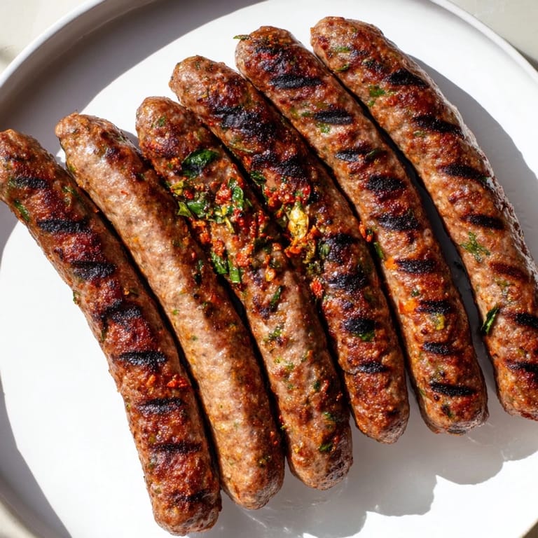 A platter of succulent Tunisian Merguez sausages, vibrant with herbs, cooked to perfection on a grill.