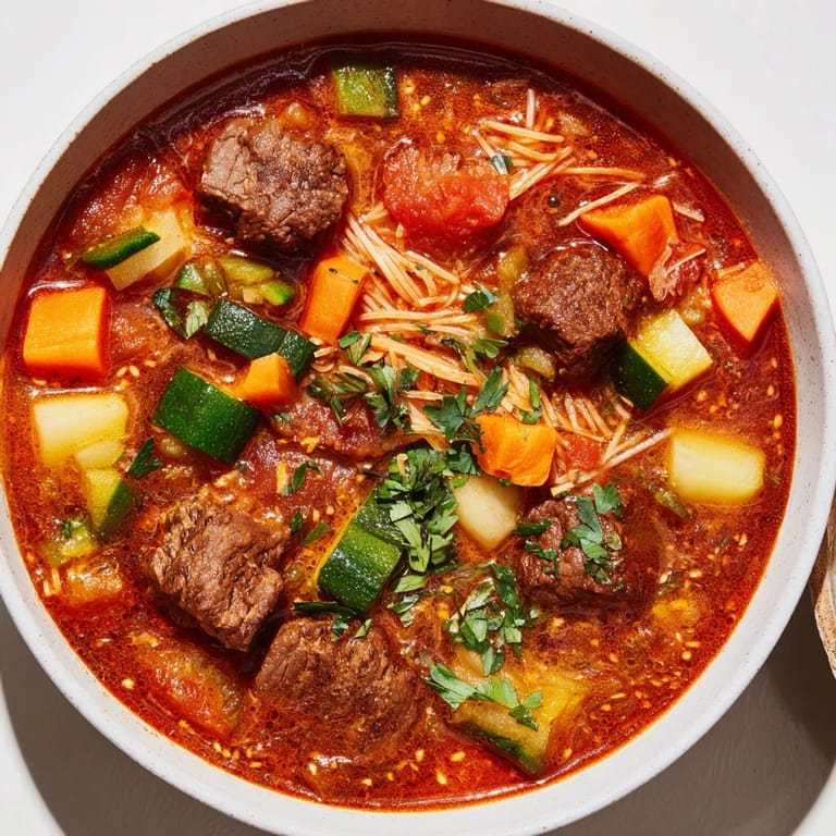 A flavorful bowl of Algerian Chorba: a rich, hearty soup served with fresh herbs.