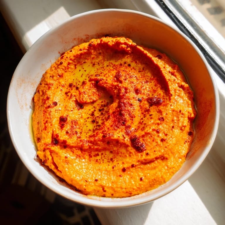 Vibrant roasted red pepper hummus spread on a pita chip, showcasing its smooth, smoky, and appetizing texture.  