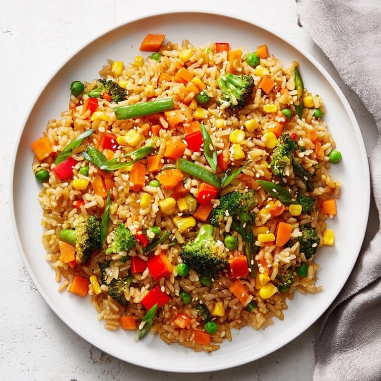 This delicious homemade vegetable fried rice is served hot in a white bowl, garnished with fresh green onions and sesame seeds.