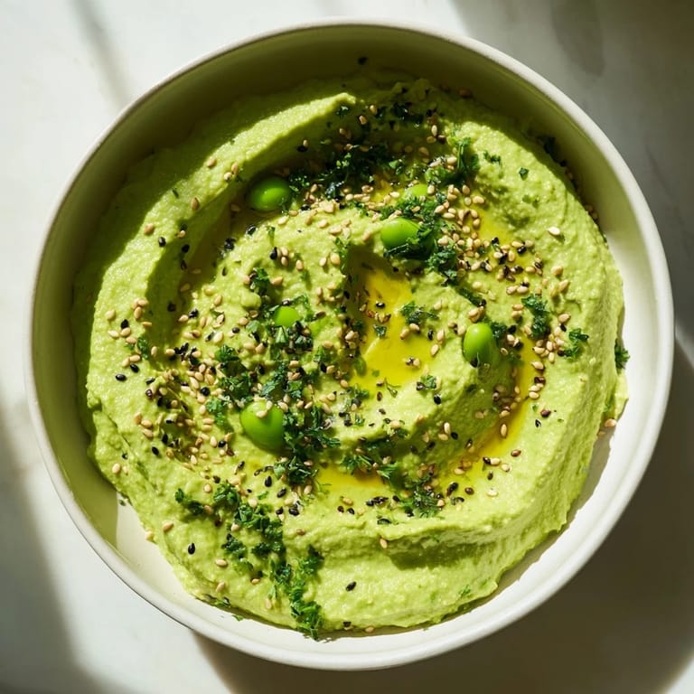 A bowl of vibrant Edamame Hummus garnished with parsley and sesame seeds, perfect for a healthy vegan snack.