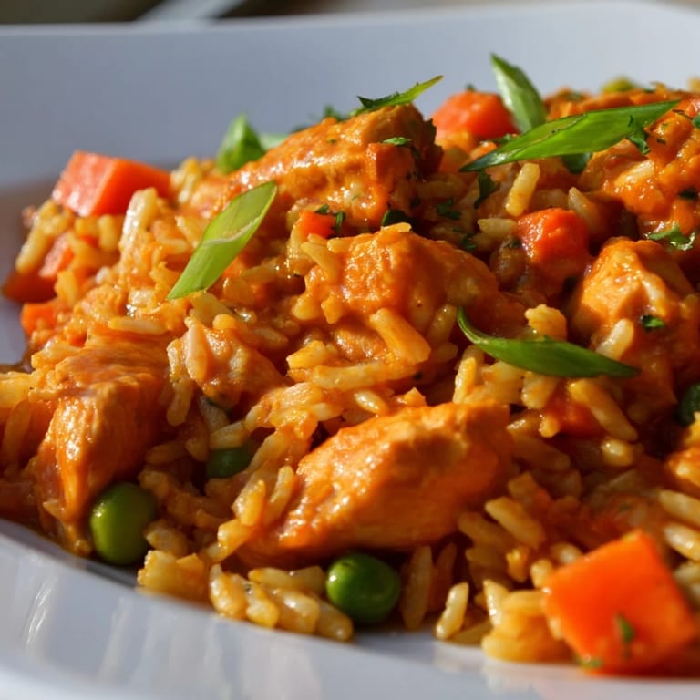 A spoonful of Butter Chicken Fried Rice, highlighting creamy tomato-tinged sauce and fresh green onion garnish for a quick dinner.