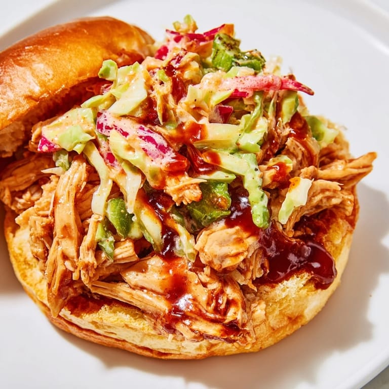 Golden toasted brioche bun stuffed with smoky pulled chicken sandwich, finished with creamy slaw for a satisfying bite.