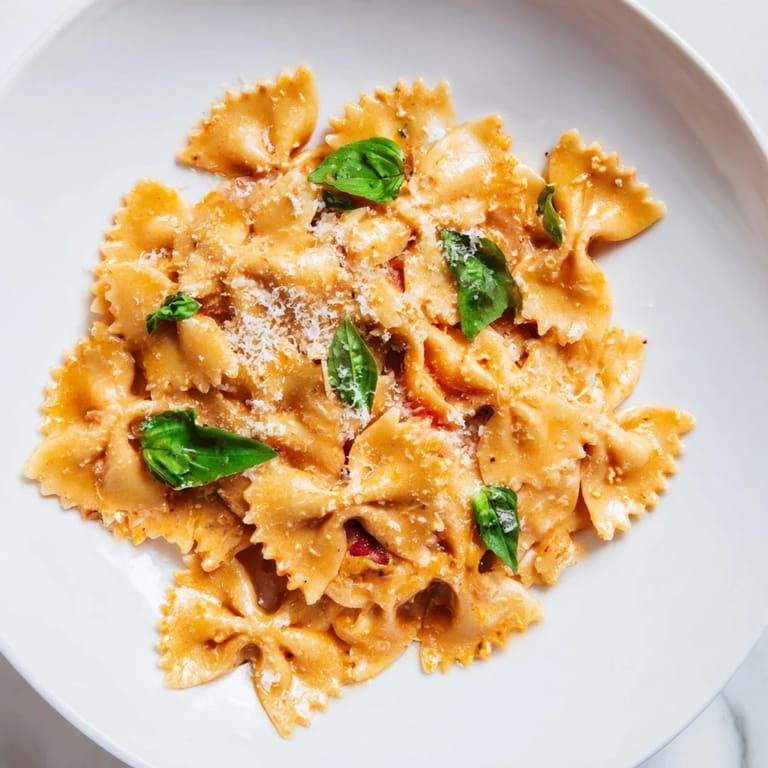 Steaming Tomato Basil Bowtie Pasta tossed with chopped onions and garlic in a rich, velvety sauce.
