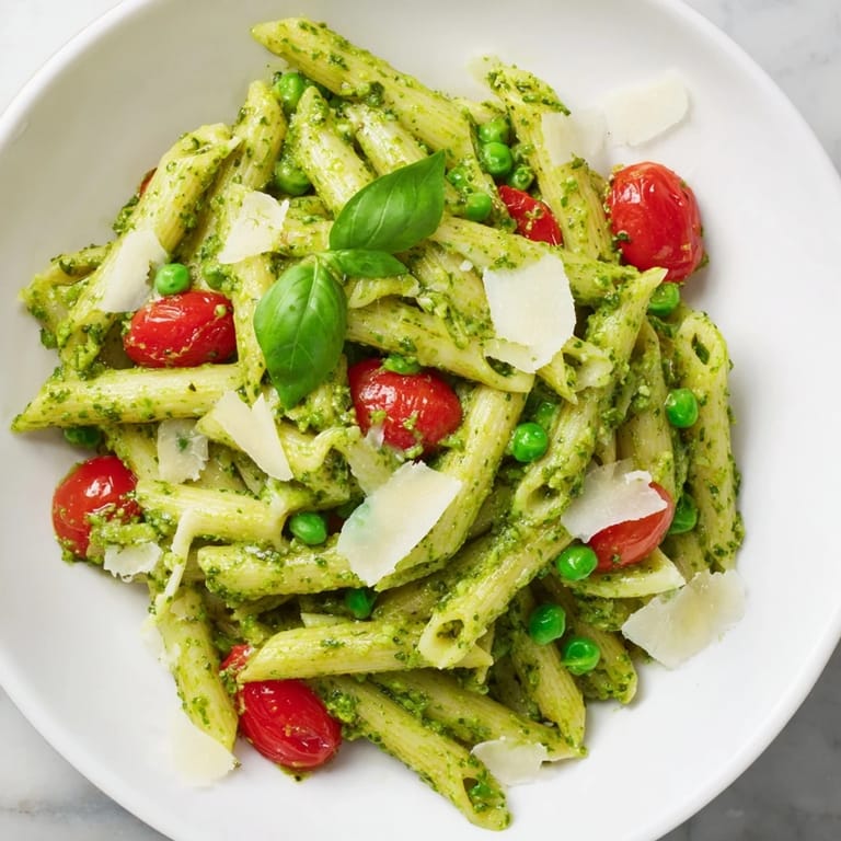 A close-up of vibrant Green Pesto Pasta Salad, tossed with olive oil and topped with halved cherry tomatoes.  