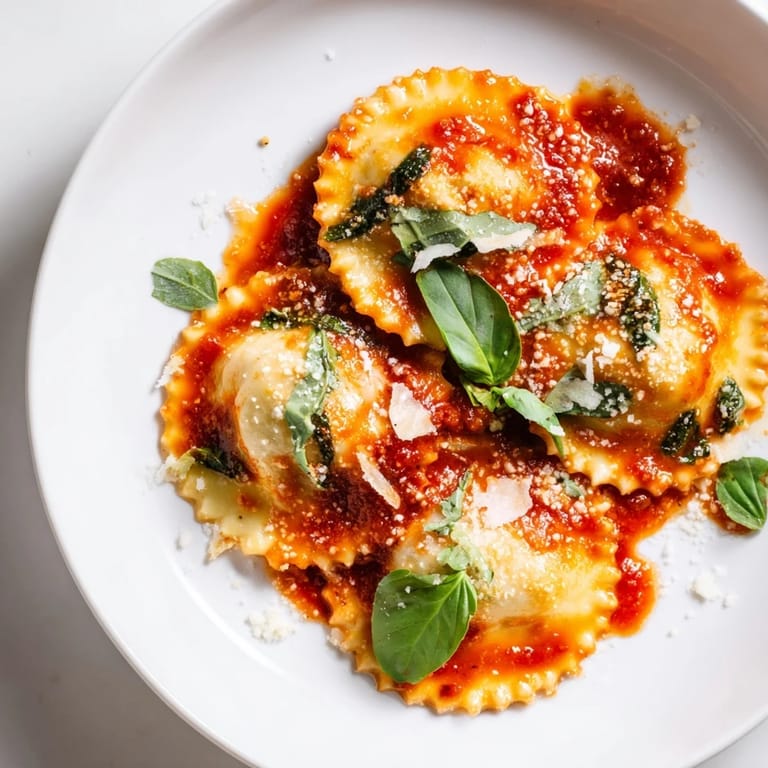Comforting Spinach Ricotta Ravioli served steaming hot with garlic marinara and basil leaves.