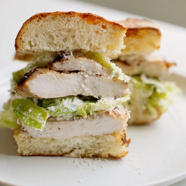 Savory Caesar Chicken Sandwich on a soft bun, garnished with chopped romaine and drizzled with creamy Caesar dressing.