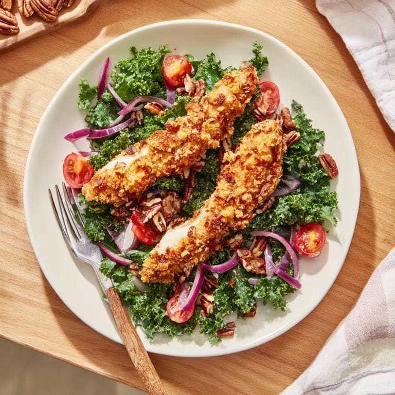 Sliced crispy chicken crowns a colorful bowl of massaged kale, tomatoes, and red onion, glistening with sweet and savory dressing.