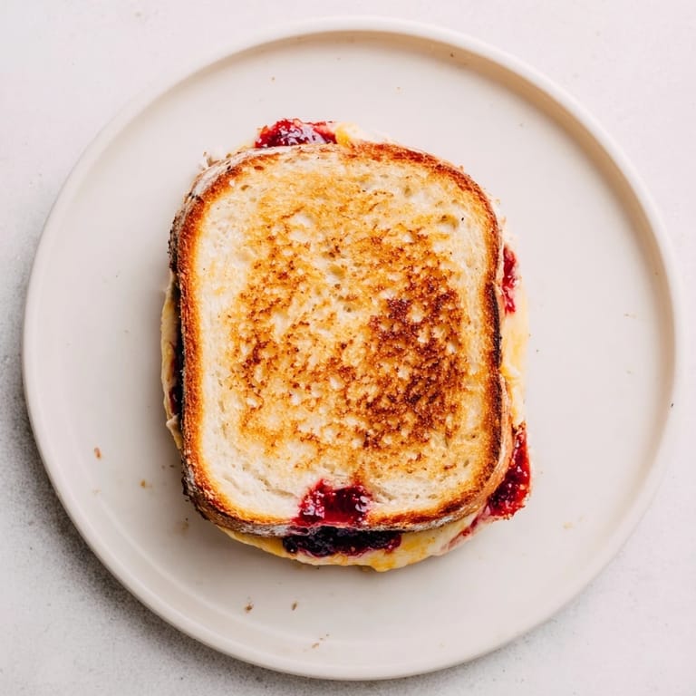 A close-up of a warm Smoked Turkey Grilled Cheese, oozing with melted cheese and cranberry sauce.
