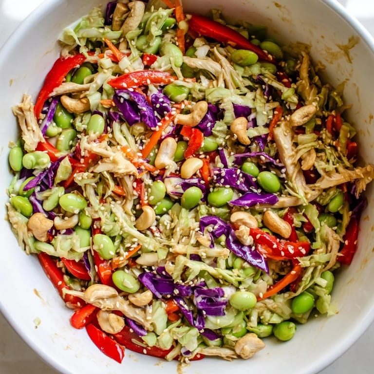 A bowl of Edamame Crunch Chicken Salad with edamame, red bell pepper, and green onions, drizzled with a zesty ginger-lime dressing.