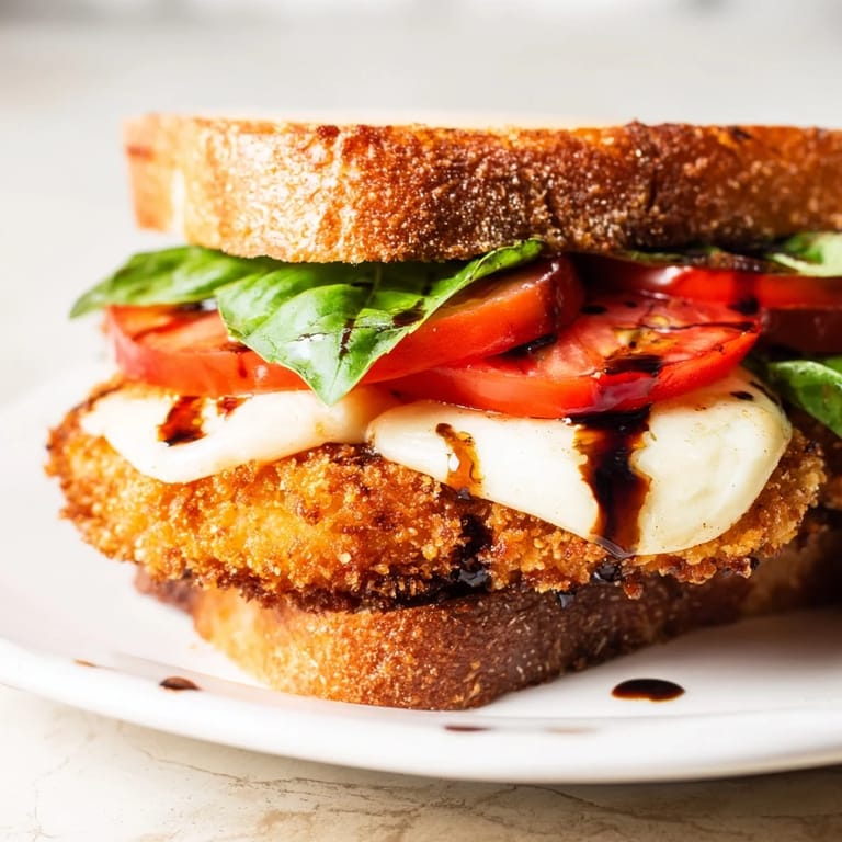 A close-up of a Crispy Chicken Caprese Sandwich showing ripe tomato slices and melted cheese on a rustic plate.