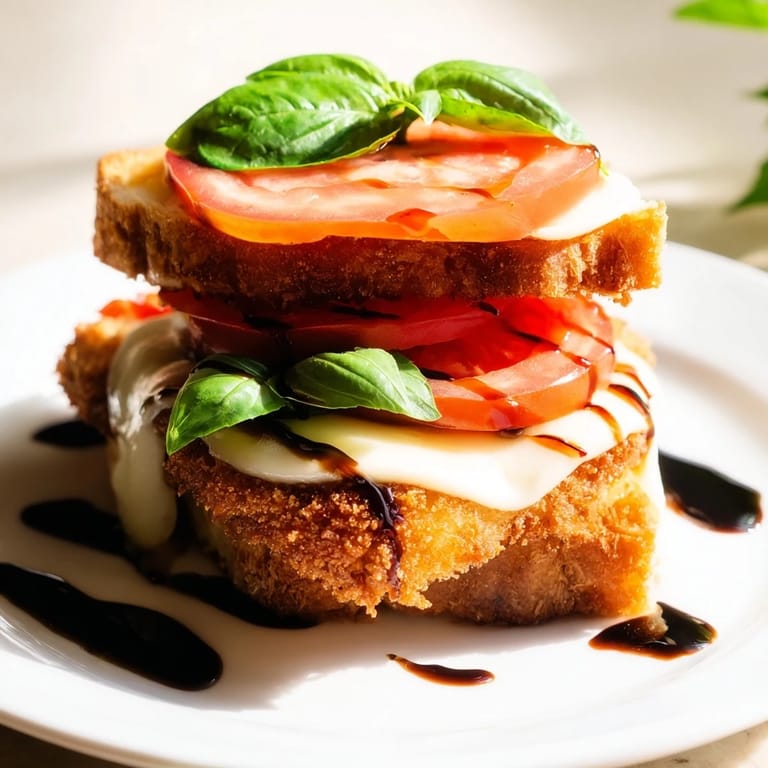 Juicy breaded chicken breast layered with fresh mozzarella, basil, and tomato on toasted ciabatta, served alongside a fresh Italian salad.
