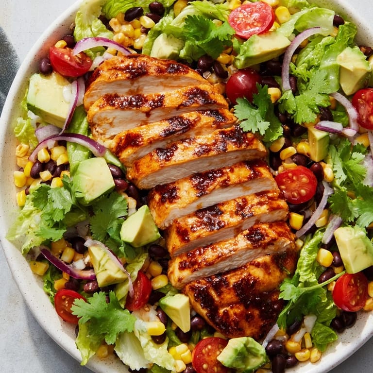 Taco salad featuring juicy honey lime chicken, black beans, cherry tomatoes, and crispy tortilla strips.