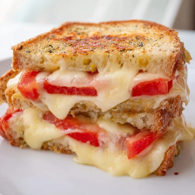 Freshly made Pepper Jack & Tomato Grilled Cheese cut diagonally, revealing steamy, molten cheese and juicy tomato layers inside.