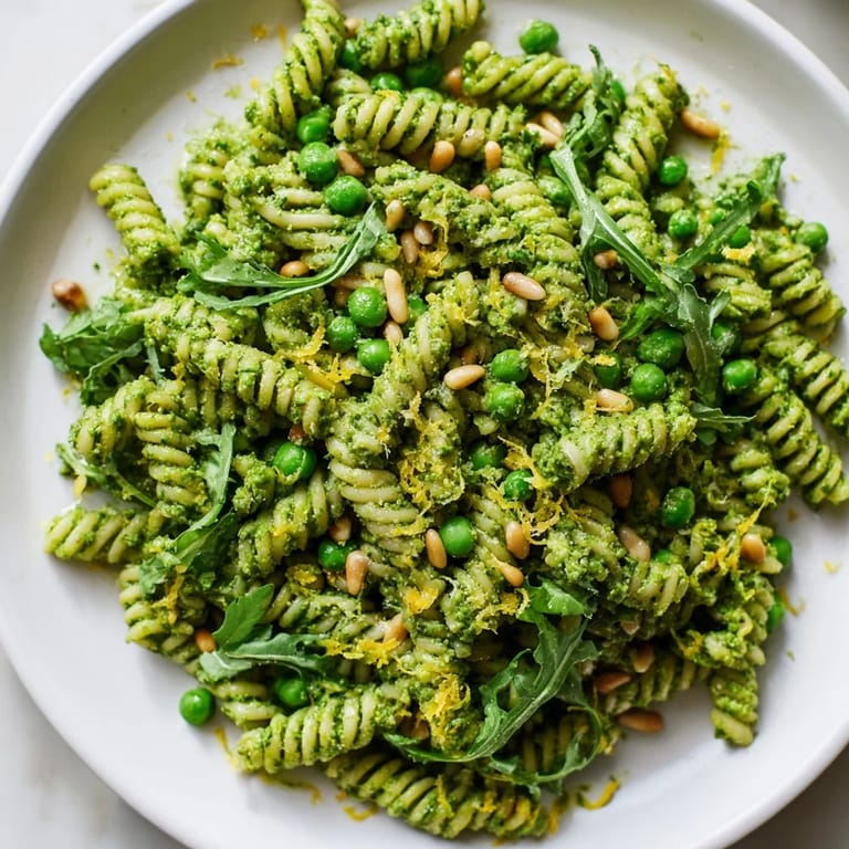 A chilled Spring Green Pesto Pasta Salad tossed with basil pesto, peas, and peppery arugula.