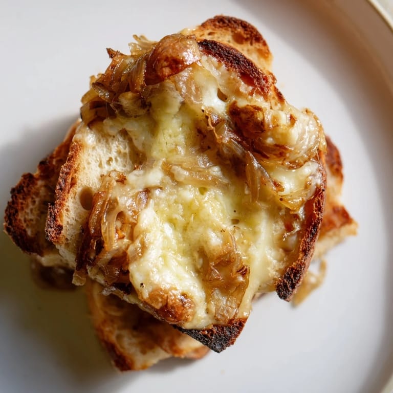 Buttery, golden-brown slices of Caramelized Onion & Gruyère Grilled Cheese, showcasing layers of nutty melted cheese and sweet caramelized onions.