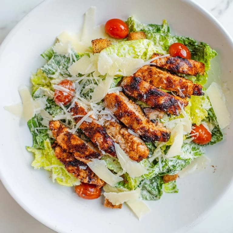 In this Yogurt Caesar Grilled Chicken Salad, shaved Parmesan and a tangy homemade yogurt Caesar dressing add savory flavor.
