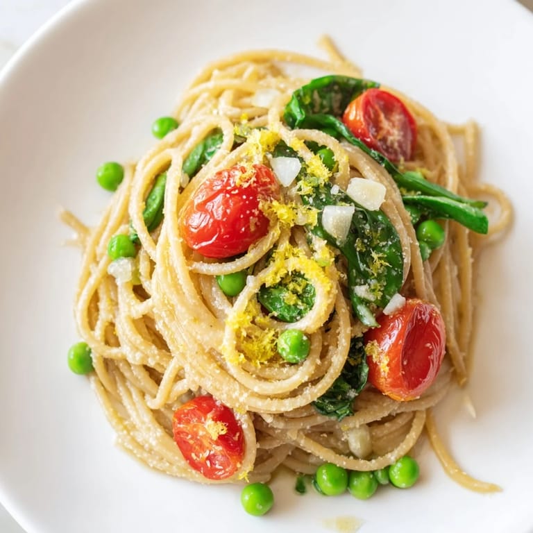 Vibrant Spring Veggie One-Pot Spaghetti with peas and red onion in a single pot.
